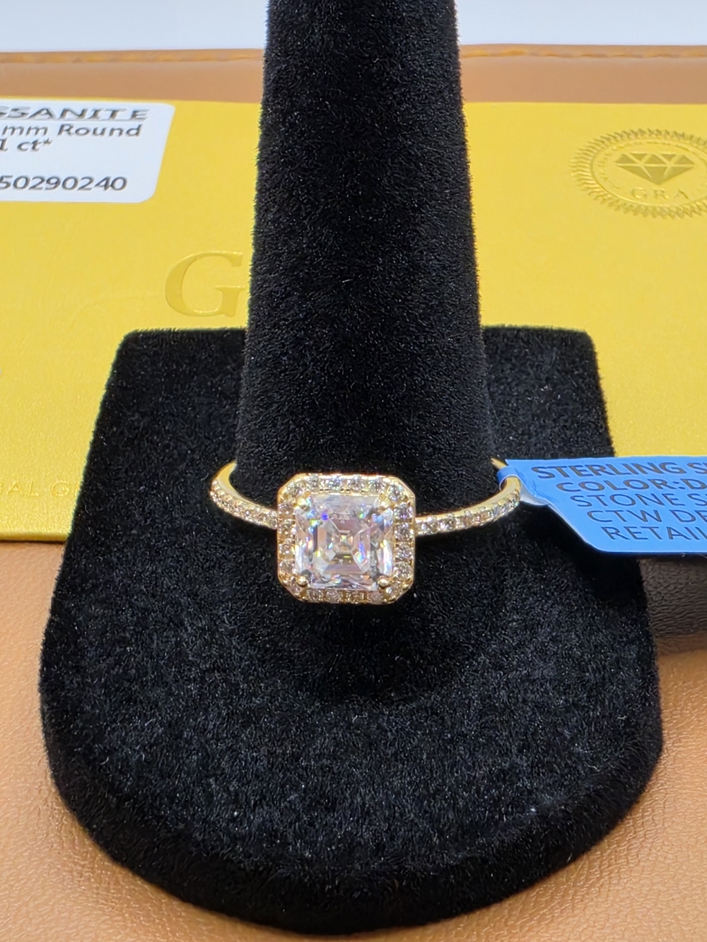 1ct Asscher Cut Moissanite Gold Over S925 Size 9 Ring